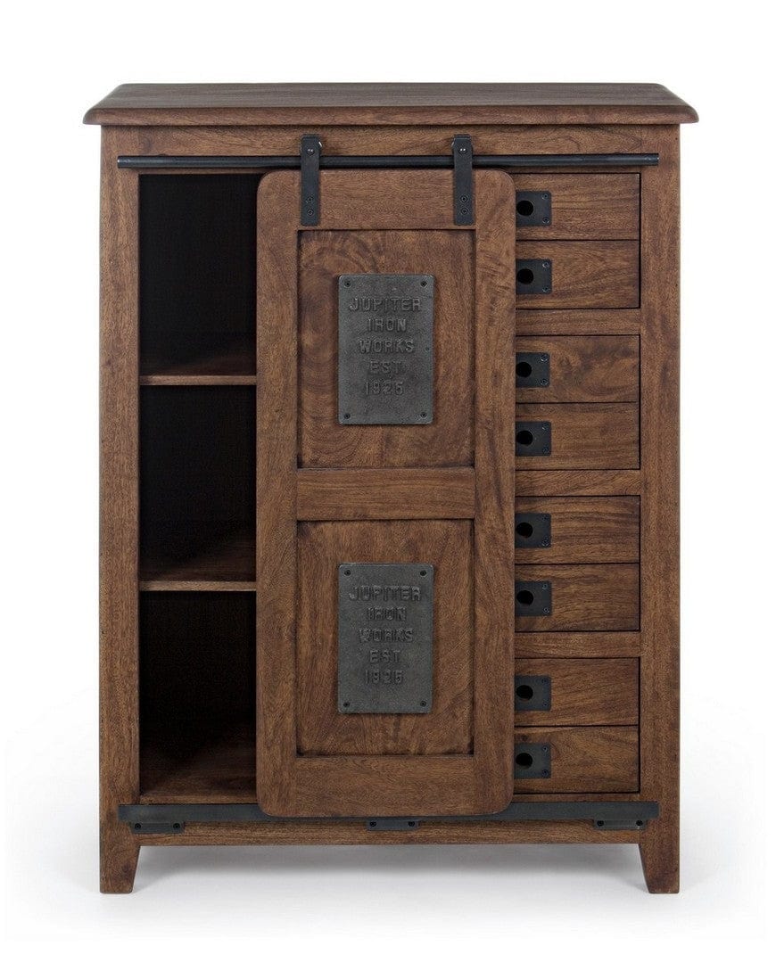Bizzotto Cabinet din lemn de mango si metal, cu 4 sertare si 1 usa Jupiter High Nuc / Negru, l89xA43xH119 cm