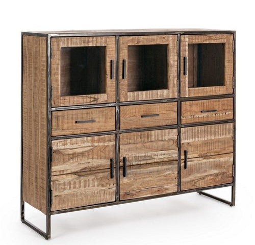 Bizzotto Cabinet cu vitrina din lemn de salcam si metal, cu 3 sertare si 6 usi, Elmer Natural, l135xA40xH120 cm