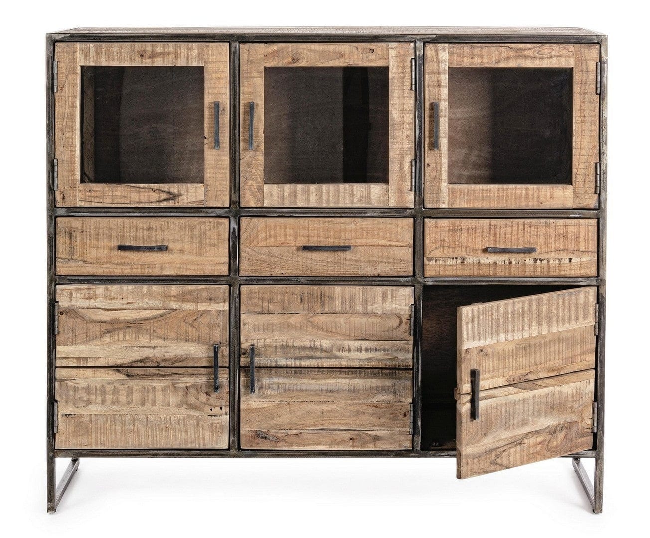 Bizzotto Cabinet cu vitrina din lemn de salcam si metal, cu 3 sertare si 6 usi, Elmer Natural, l135xA40xH120 cm
