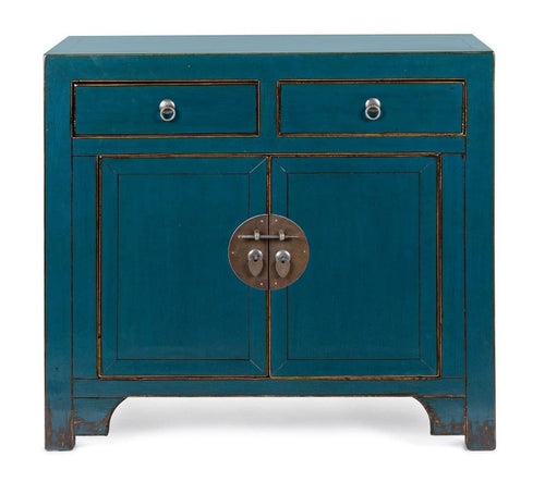Bizzotto Cabinet din lemn reciclat de ulm, cu 2 sertare si 2 usi Jinan Albastru Antichizat, l91xA43xH84 cm