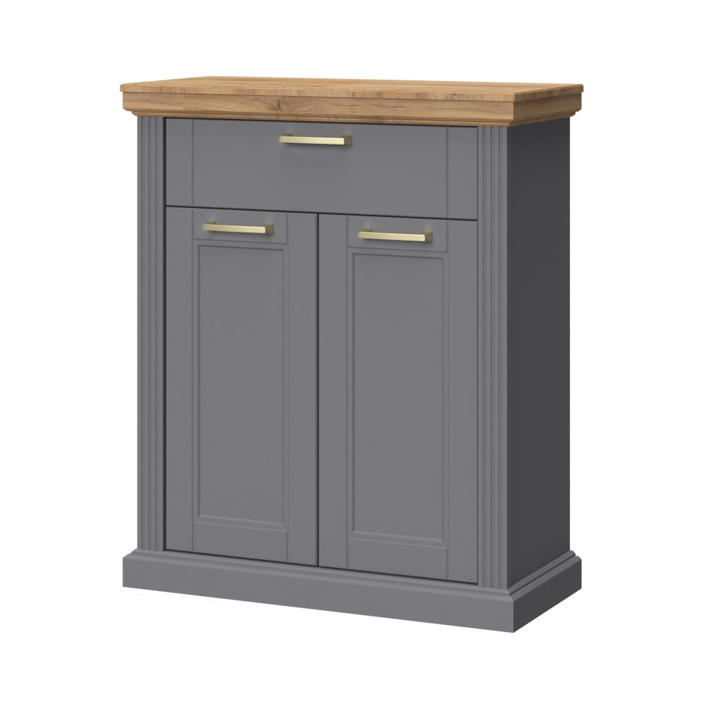 Cabinet hol din pal si MDF, cu 2 usi si 1 sertar, Tara CPL21 Grafit / Nuc Pacific, l86xA38xH102 cm