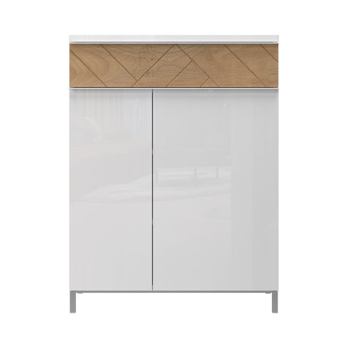 Cabinet hol din pal si MDF, cu 2 usi si 1 sertar, Avis CPL21 Alb / Nuc Pacific, l76xA35xH101 cm