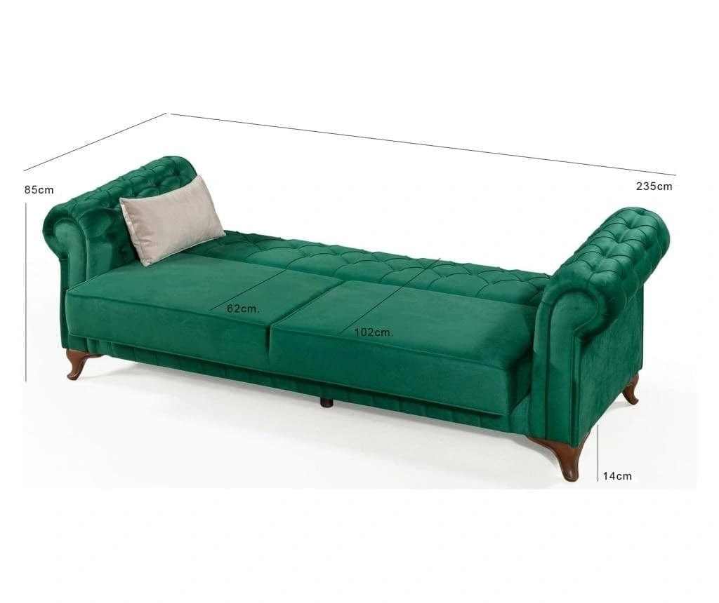 Canapea Extensibila, 3 Locuri, Lada de Depozitare, tapitata cu stofa, Pedesa Velvet Verde, l235xA90xH85 cm - SomProduct Romania