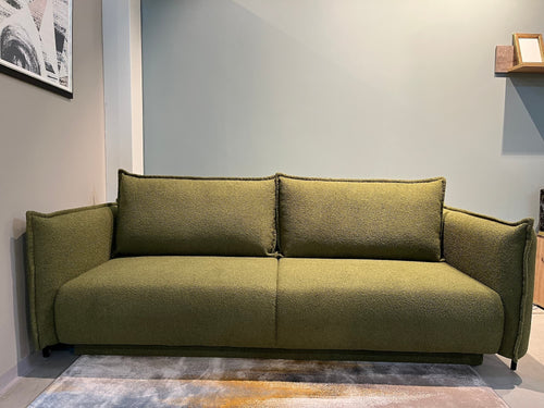 Meblo Expo Canapea Extensibila, 3 Locuri, Lada de Depozitare, tapitata cu stofa, Perne Incluse, Amalia Verde Olive, l232xA105xH90 cm