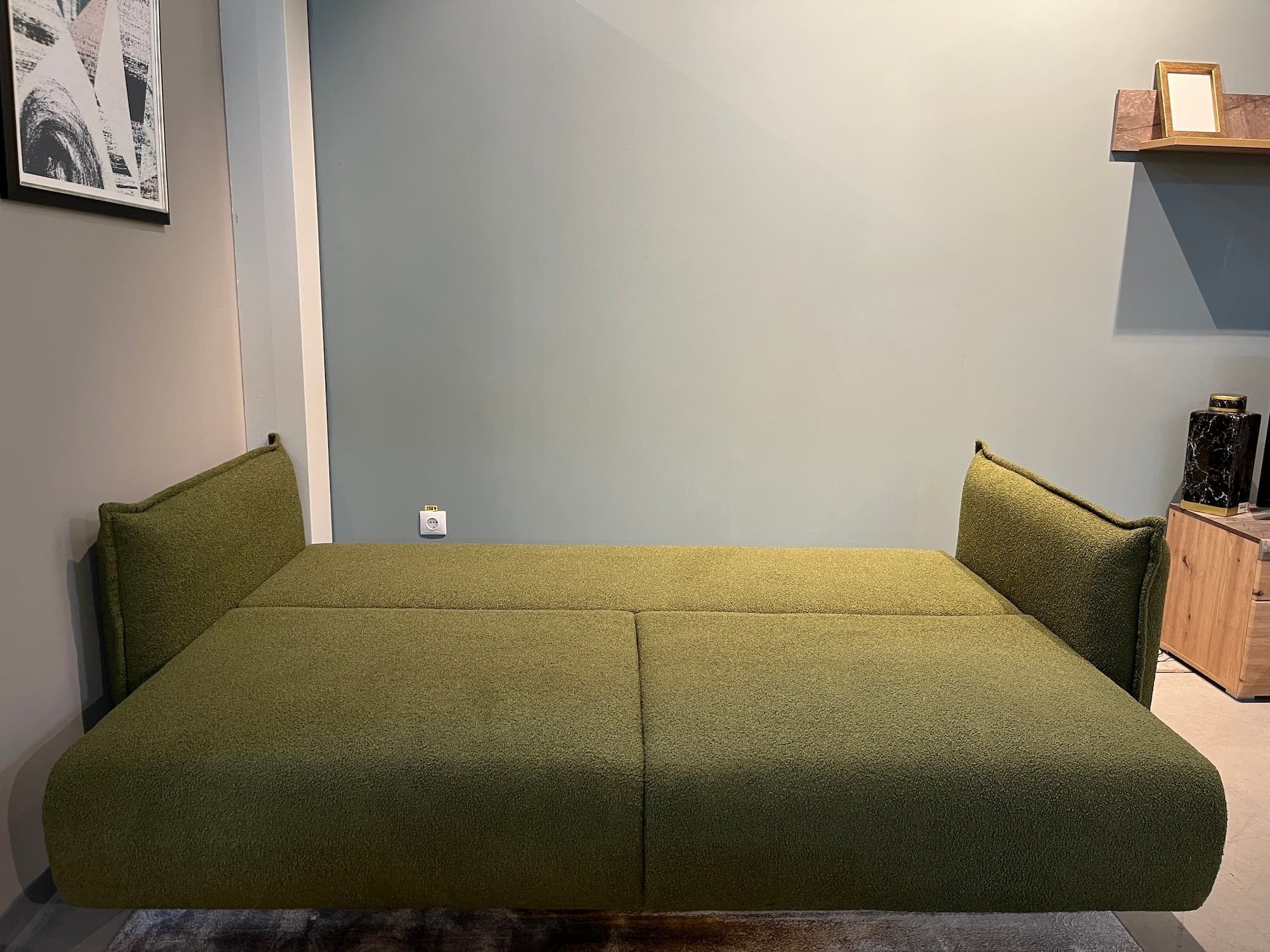 Canapea Extensibila, 3 Locuri, Lada de Depozitare, tapitata cu stofa, Perne Incluse, Amalia Verde Olive, l232xA105xH90 cm (4)