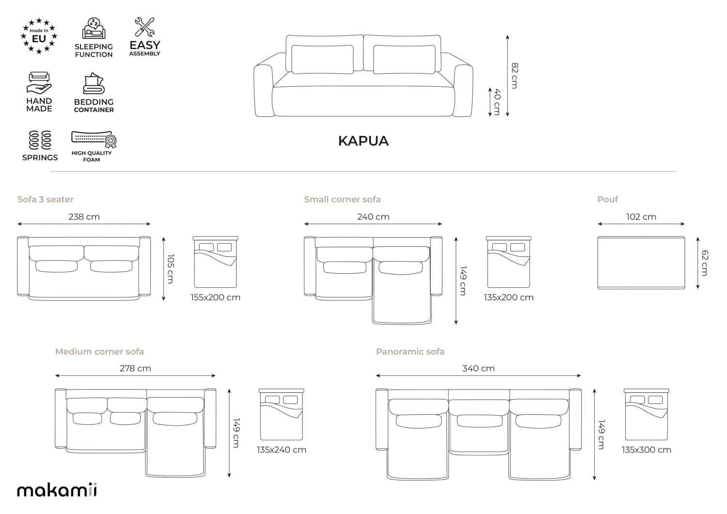 Makamii Canapea Extensibila, 3 locuri, Tapitata cu Stofa, Lada de Depozitare, Kapua 3SF-C13 Bej Deschis / Negru, l238xA105xH82 cm