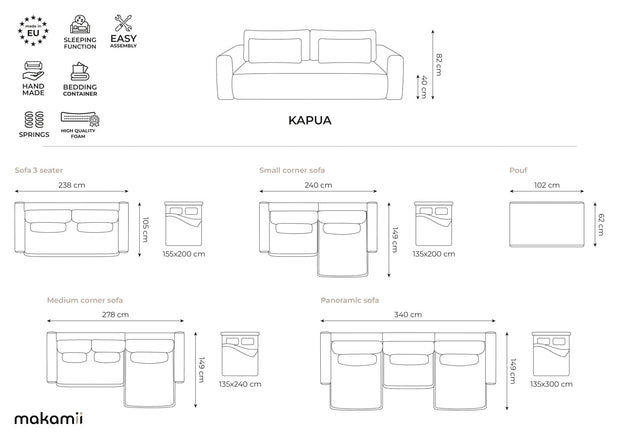 Makamii Canapea Extensibila, 3 locuri, Tapitata cu Stofa, Lada de Depozitare, Kapua 3SF-C5 Albastru Denim / Negru, l238xA105xH82 cm