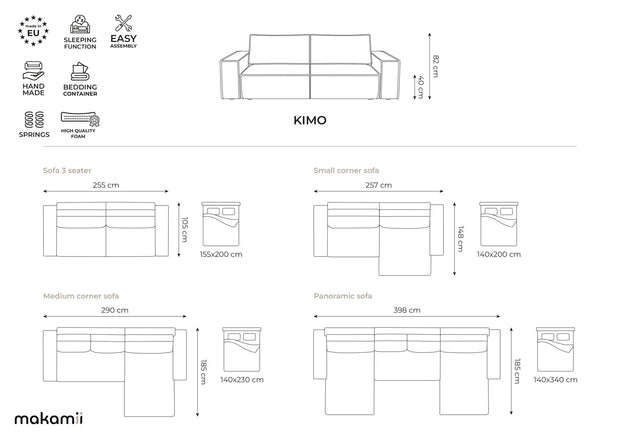 Makamii Canapea Extensibila, 3 locuri, Tapitata cu Stofa, Lada de Depozitare, Kimo 3SF-C5 Albastru Denim / Negru, l255xA105xH85 cm