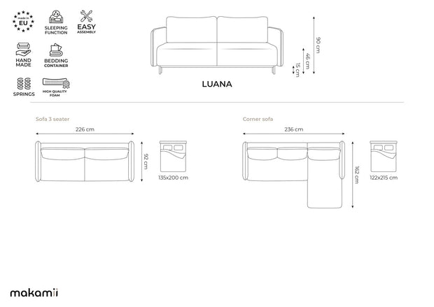 Makamii Canapea Extensibila, 3 locuri, Tapitata cu Stofa, Lada de Depozitare, Luana 3SF-C14 Bej Inchis / Negru, l226xA92xH90 cm