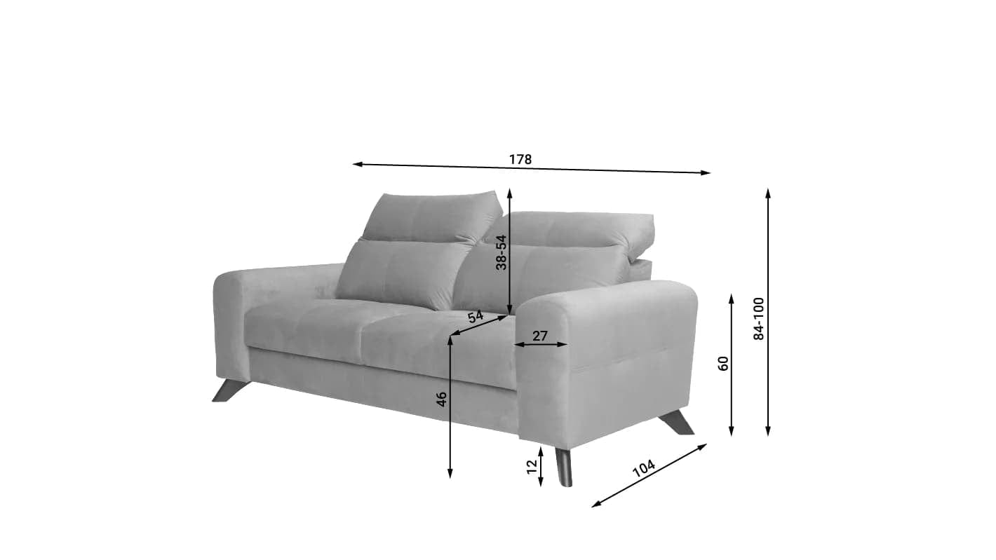 Canapea Fixa, 2 Locuri, tapitata cu stofa, Tetiere Reglabile, Imperius Velvet Mustariu, l178xA104xH84-100 cm (3)