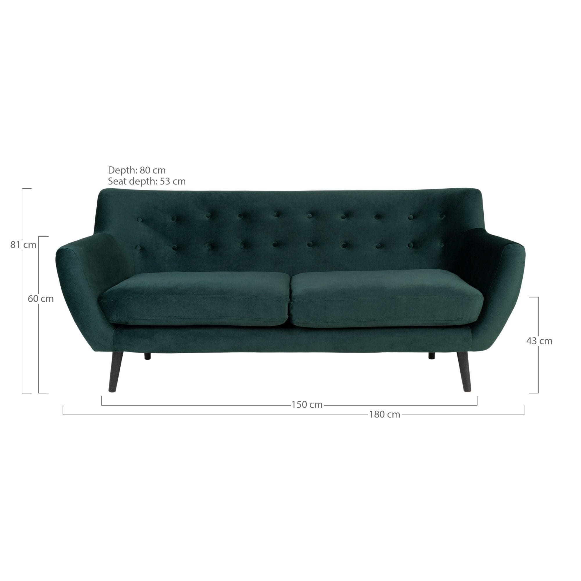 House Nordic Canapea Fixa, 3 Locuri, tapitat cu stofa, Monte Velvet Verde Inchis / Negru, l180xA78xH85 cm