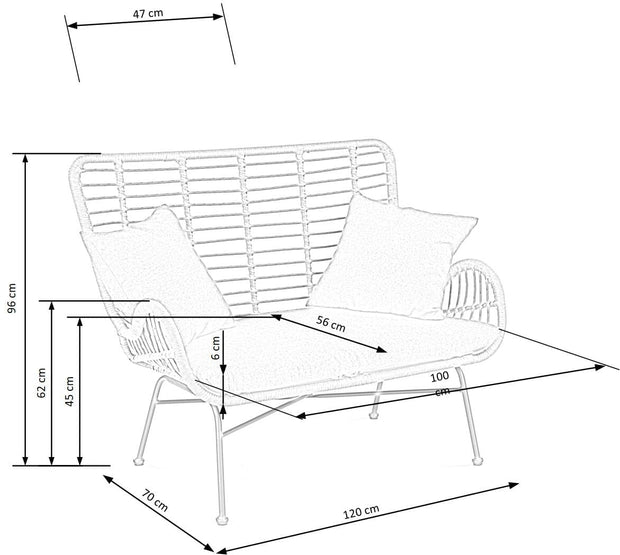 Canapea fixa din ratan sintetic cu picioare metalice, 2 locuri, Iikka XL Gri / Natural, l120xA70xH96 cm (16)