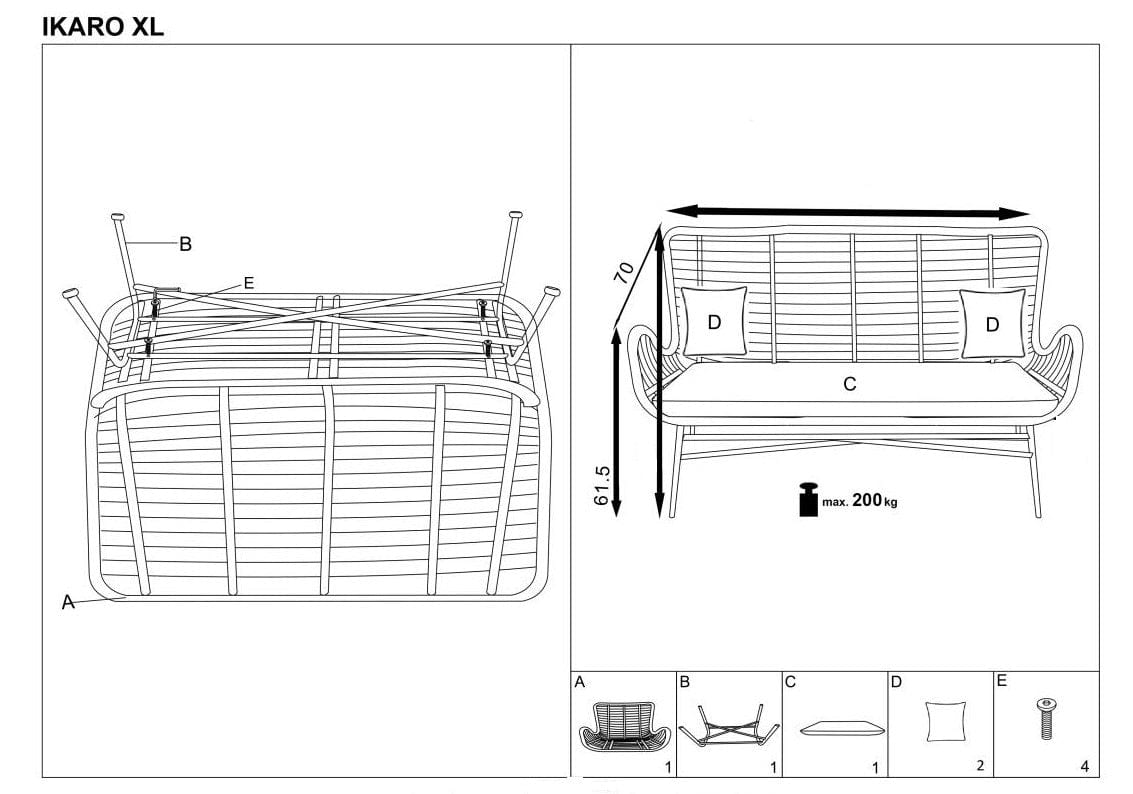 Canapea fixa din ratan sintetic cu picioare metalice, 2 locuri, Iikka XL Gri / Natural, l120xA70xH96 cm (17)