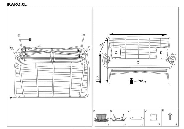 Canapea fixa din ratan sintetic cu picioare metalice, 2 locuri, Iikka XL Gri / Natural, l120xA70xH96 cm (17)