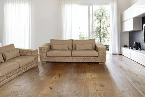 Bizzotto Canapea fixa pentru gradina / terasa, din ratan kubu si lemn de mango, cu perne detasabile, 3 locuri, Leandro Natural, l220xA97xH72 cm