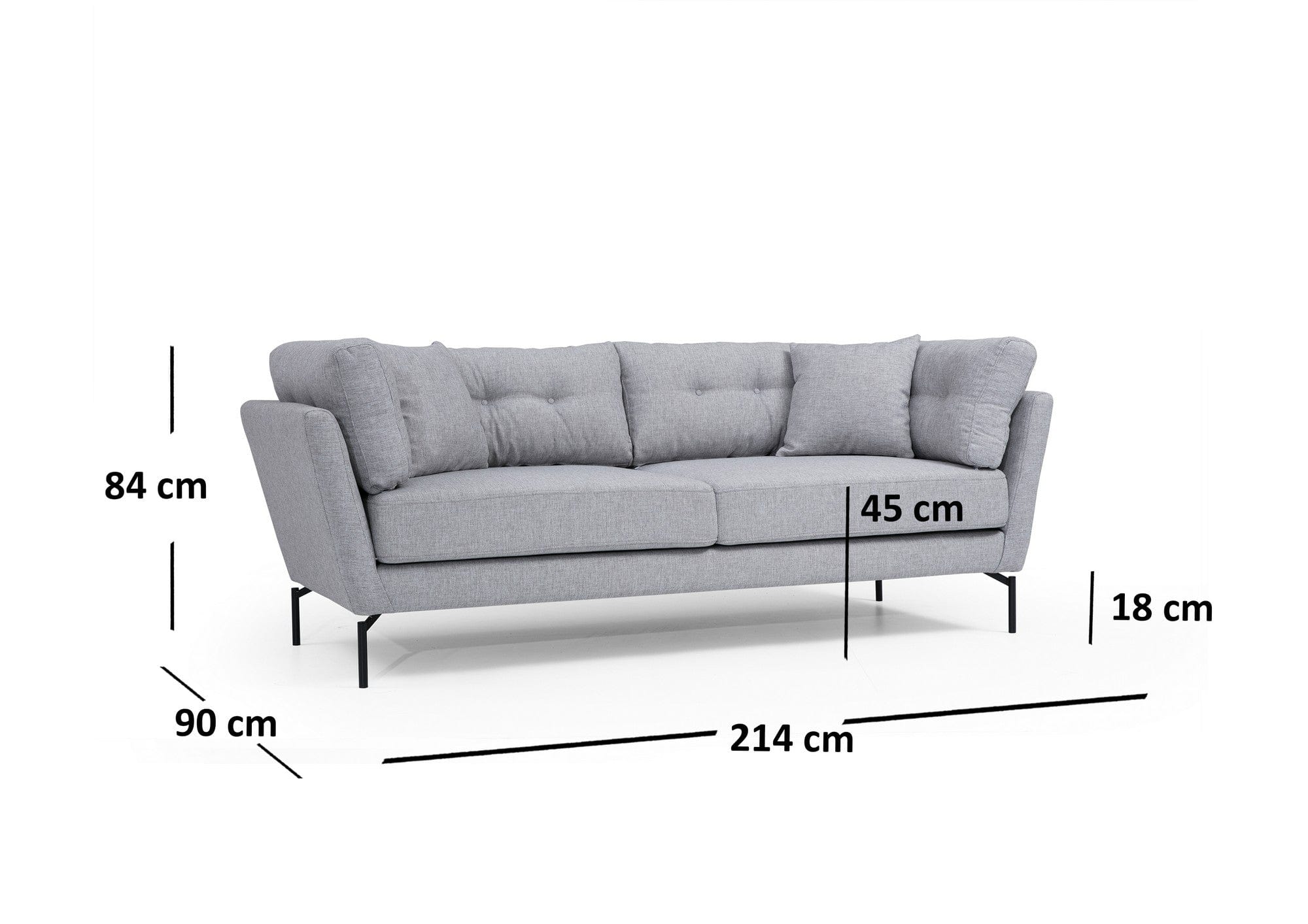 Asir Canapea Mapa Gri Fixa cu Spuma Poliuretanica, 3 Locuri, tapitata cu Stofa Easy Clean, Perne Incluse, l214xA90xH84 cm