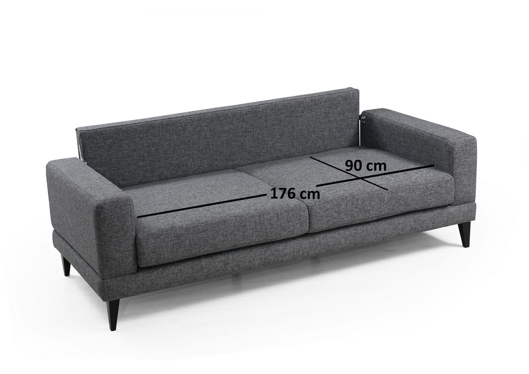 Asir Canapea Nordi Gri Inchis Functie Sleep, cu Arcuri si Spuma Poliuretanica, 3 Locuri, Suprafata de Dormit 176x90 cm, tapitata cu Stofa Easy Clean, Perne Incluse, l210xA90xH85 cm