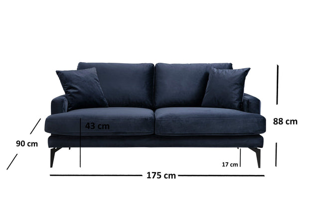 Asir Canapea Papira Velvet Bleumarin Fixa cu Spuma Poliuretanica, 2 Locuri, tapitata cu Stofa Easy Clean, Perne Incluse, l175xA90xH88 cm