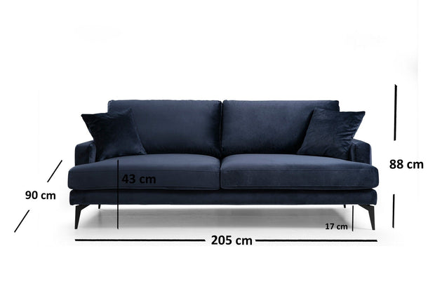 Asir Canapea Papira Velvet Bleumarin Fixa cu Spuma Poliuretanica, 3 Locuri, tapitata cu Stofa Easy Clean, Perne Incluse, l205xA90xH88 cm