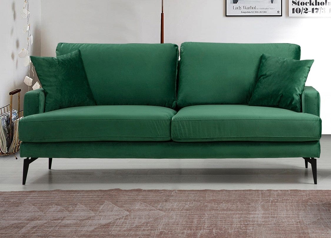 Asir Canapea Papira Velvet Verde Fixa cu Spuma Poliuretanica, 2 Locuri, tapitata cu Stofa Easy Clean, Perne Incluse, l175xA90xH88 cm