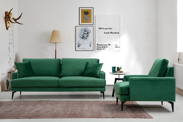 Asir Canapea Papira Velvet Verde Fixa cu Spuma Poliuretanica, 2 Locuri, tapitata cu Stofa Easy Clean, Perne Incluse, l175xA90xH88 cm