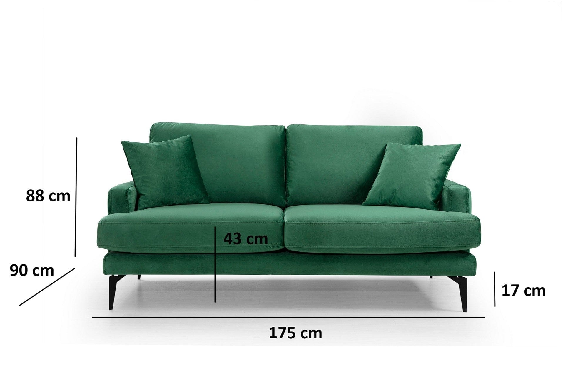 Asir Canapea Papira Velvet Verde Fixa cu Spuma Poliuretanica, 2 Locuri, tapitata cu Stofa Easy Clean, Perne Incluse, l175xA90xH88 cm