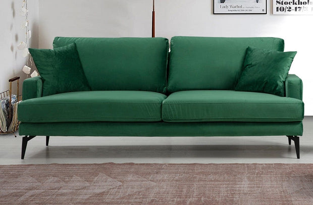 Asir Canapea Papira Velvet Verde Fixa cu Spuma Poliuretanica, 3 Locuri, tapitata cu Stofa Easy Clean, Perne Incluse, l205xA90xH88 cm