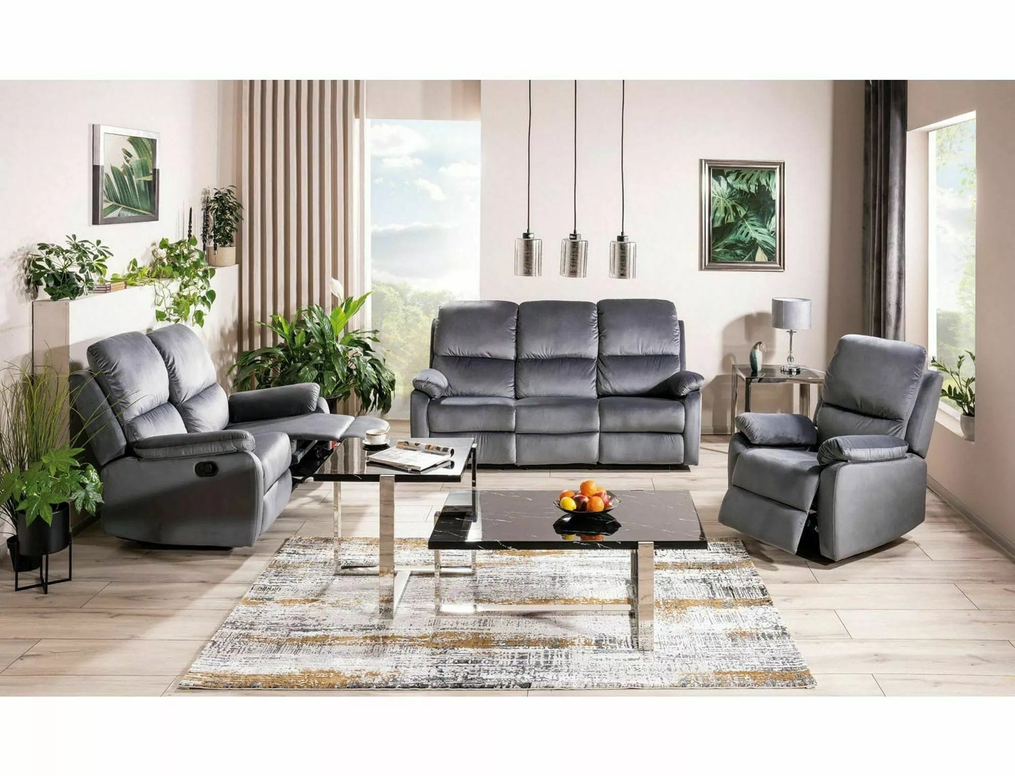 Signal Canapea Recliner, 3 locuri, tapitata cu stofa, Spencer 3 Velvet Gri / Negru, l193xA94xH101 cm