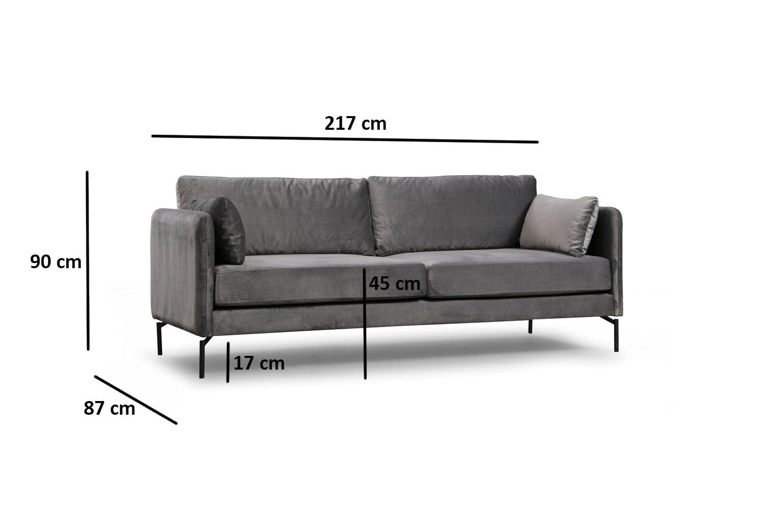 Asir Canapea Sino Velvet Gri Fixa cu Spuma Poliuretanica, 3 Locuri, tapitata cu Stofa Easy Clean, Perne Incluse, l217xA87xH90 cm