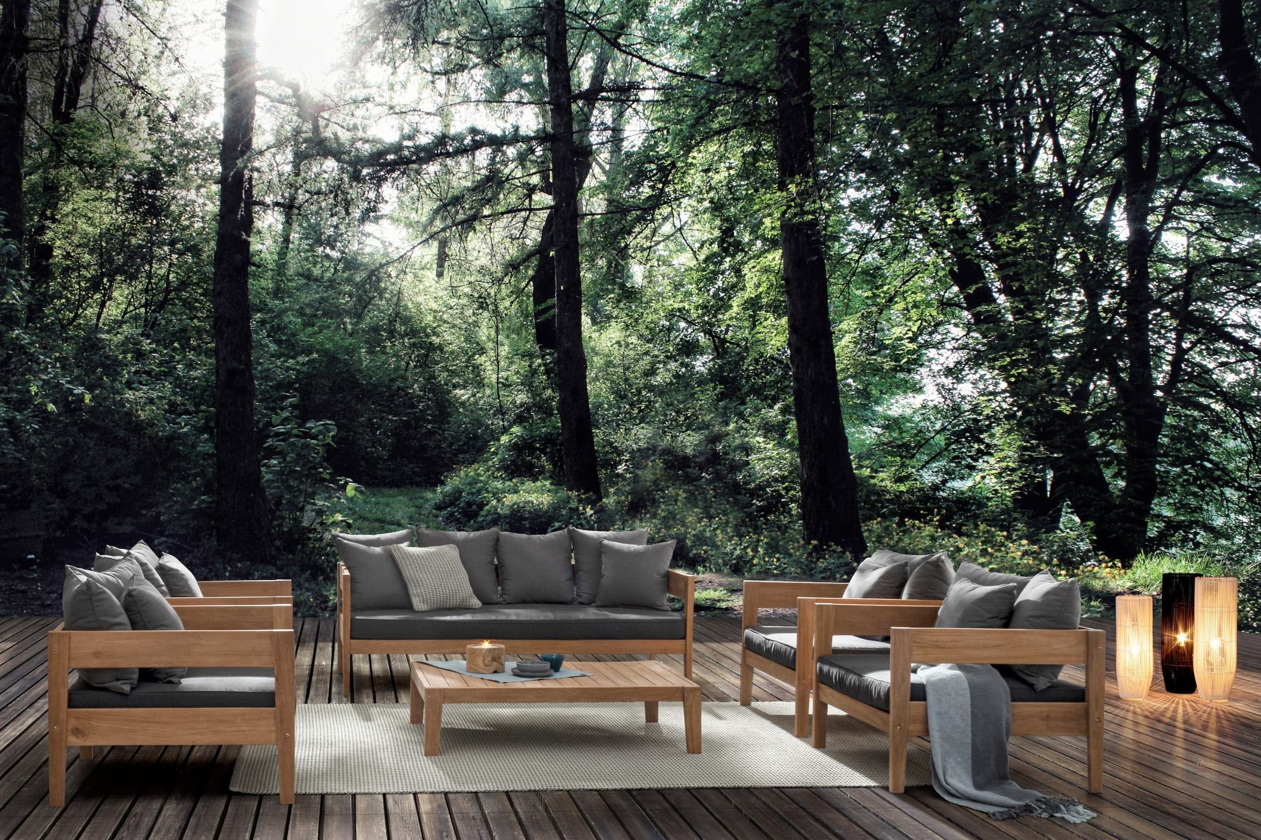 Bizzotto Canapea fixa pentru gradina / terasa, din lemn de tec, cu perne detasabile, 3 locuri, Kobo Antracit / Natural, l190xA90xH79 cm