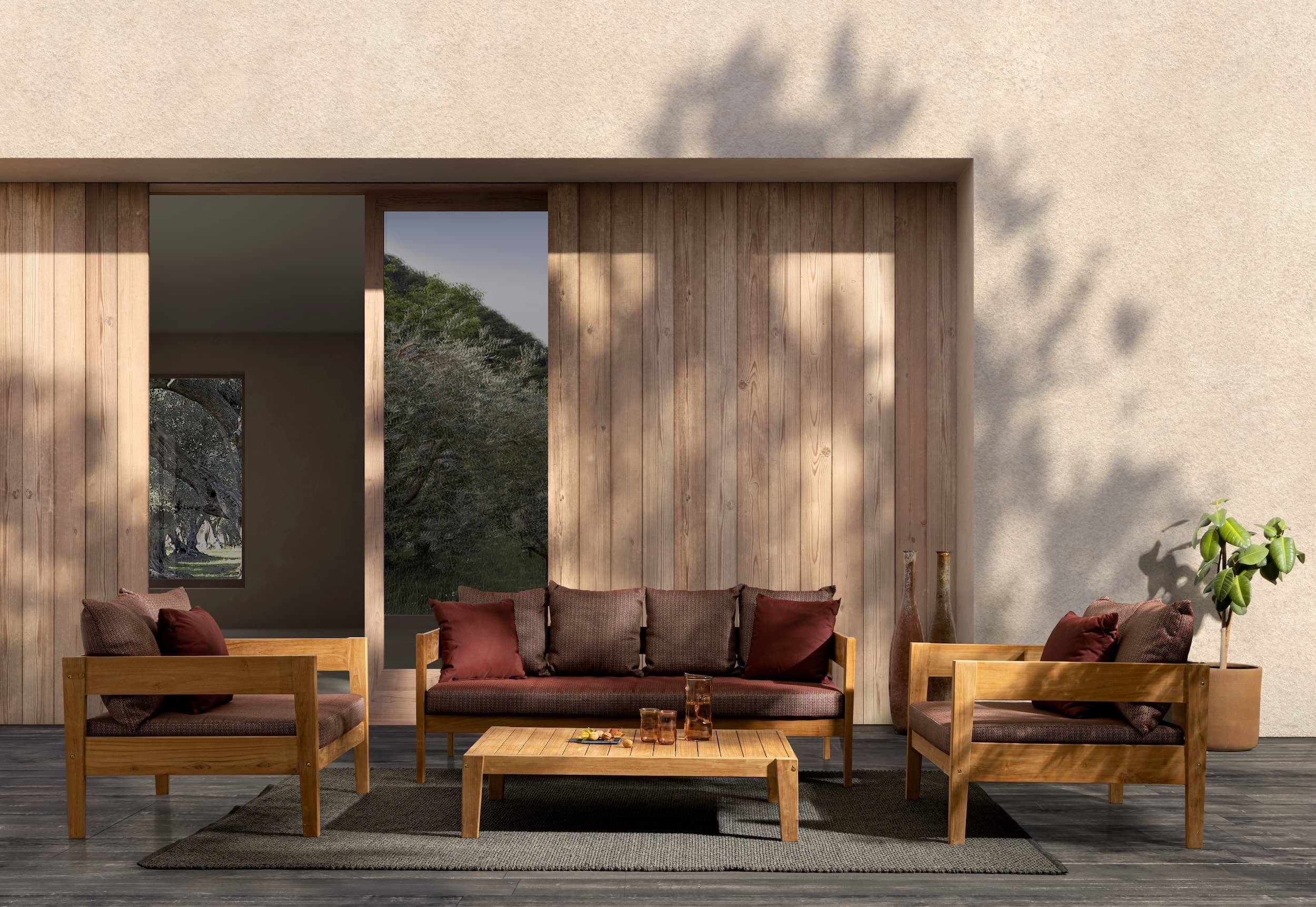 Bizzotto Canapea fixa pentru gradina / terasa, din lemn de tec, cu perne detasabile, 3 locuri, Kobo Burgundy / Natural, l190xA90xH79 cm