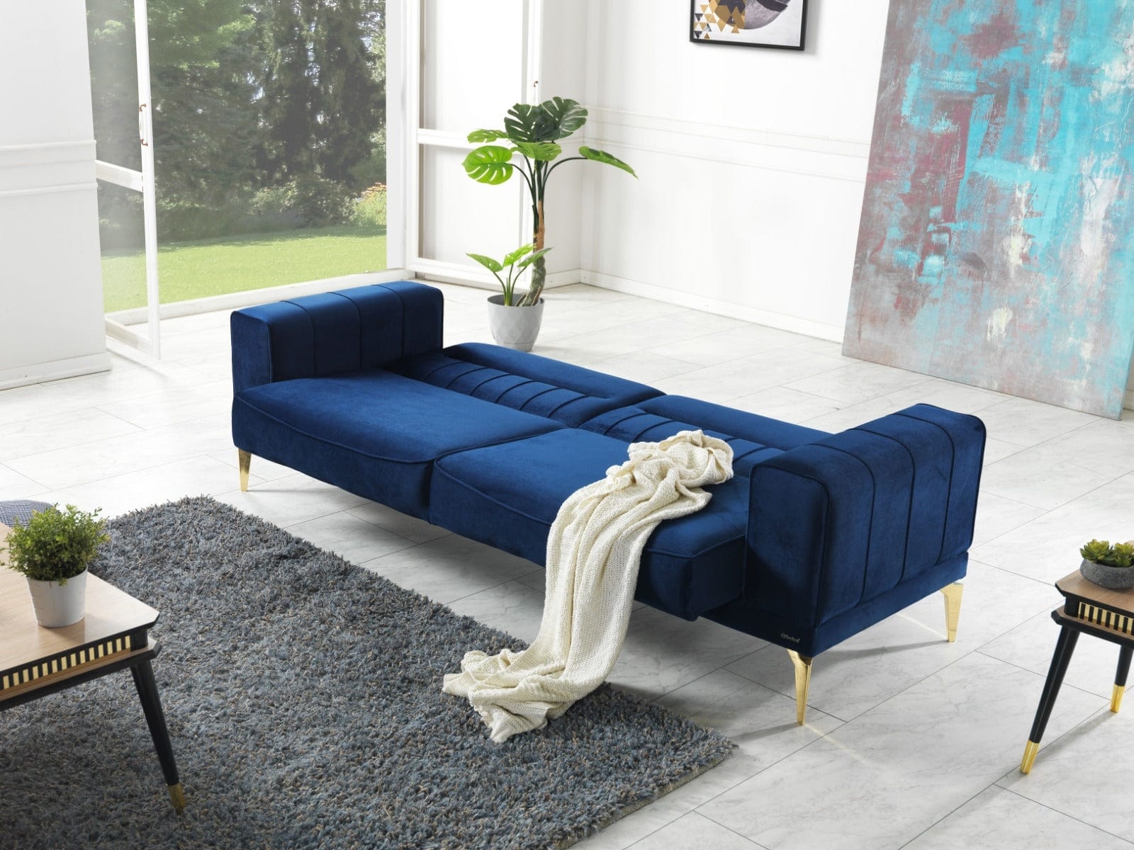 Canapea Nancy Velvet Bleumarin Extensibila cu Spuma Poliuretanica, 3 Locuri, Suprafata de Dormit 190x105 cm, tapitata cu Stofa, Perne Incluse, l237xA88xH87 cm (3)