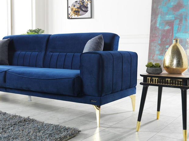 Canapea Nancy Velvet Bleumarin Extensibila cu Spuma Poliuretanica, 3 Locuri, Suprafata de Dormit 190x105 cm, tapitata cu Stofa, Perne Incluse, l237xA88xH87 cm (2)