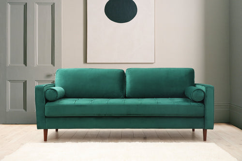 Canapea Rome Velvet Verde Fixa cu Spuma Poliuretanica, 3 Locuri, tapitata cu Stofa Easy Clean, Perne Incluse, l215xA90xH70 cm