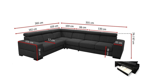 Coltar Aperos III Extensibil cu Arcuri Ondulate si Spuma Poliuretanica, Sezlong pe Stanga, Suprafata de Dormit 185x126 cm, Tetiere Reglabile, l331xA265xH79 cm (3)