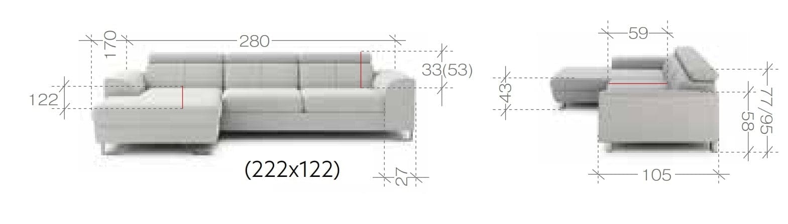 Coltar Astino Small Gri Extensibil cu Sezlong pe Dreapta, cu Lada de Depozitare, Tetiere Reglabile, l280xA170xH77-95 cm (18)