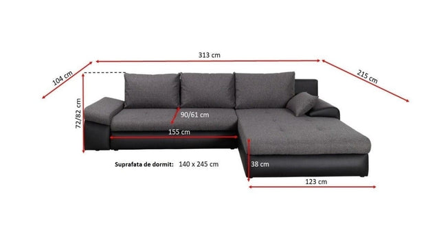 Coltar Banes Milton 13 Extensibil cu Arcuri Ondulate si Spuma Poliuretanica, Universal (pe Stanga sau pe Dreapta), Suprafata de Dormit 245x140 cm, tapitat cu Stofa Water Repellent, cu Lada de Depozitare, l313xA215xH82 cm (2)