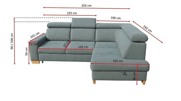 Coltar Bodo Extensibil cu Arcuri Ondulate si Spuma Poliuretanica, Sezlong pe Dreapta, Suprafata de Dormit 181x126 cm, cu Lada de Depozitare, Tetiere Reglabile, l255xA192xH90 cm (4)