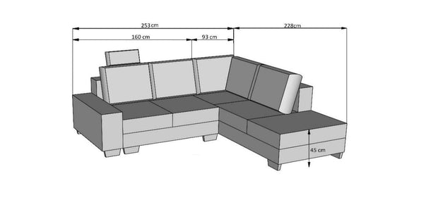 Coltar Cevis II Extensibil cu Arcuri Ondulate si Spuma Poliuretanica, Sezlong pe Dreapta, Suprafata de Dormit 203x130 cm, cu Lada de Depozitare, Cotiere si Tetiera Reglabile, Perne Incluse, l253xA228xH76 cm (1)