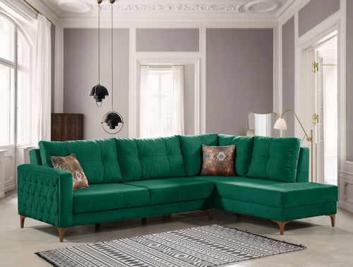 Coltar Cinar Velvet Verde Extensibil, Sezlong pe Dreapta, tapitat cu Stofa, Perne Incluse, l288xA195xH75 cm