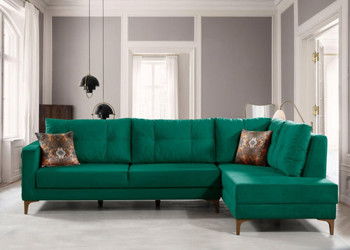 Coltar Cinar Velvet Verde Extensibil, Sezlong pe Dreapta, tapitat cu Stofa, Perne Incluse, l288xA195xH75 cm (1)