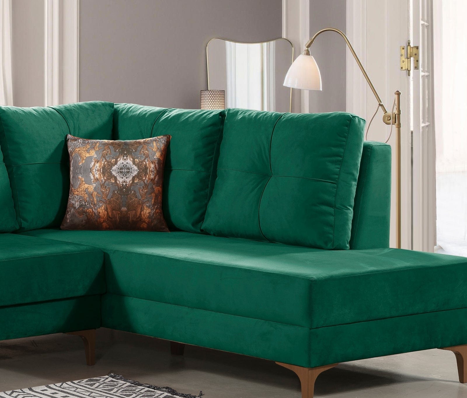 Coltar Cinar Velvet Verde Extensibil, Sezlong pe Dreapta, tapitat cu Stofa, Perne Incluse, l288xA195xH75 cm - SomProduct Romania