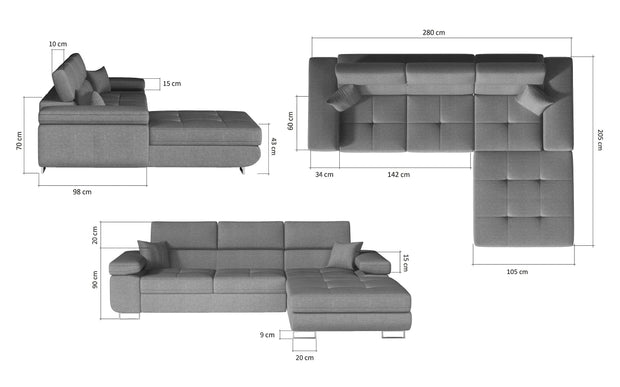 Eltap Coltar Extensibil Armandinio Duo cu Lada de Depozitare, Sezlong pe Stanga, Tetiere Reglabile, Perne Incluse, l280xA205xH70-90 cm