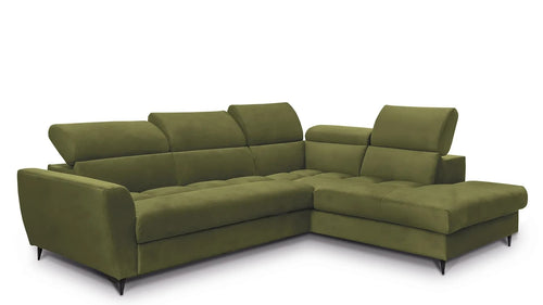 Coltar Extensibil Avisimo Velvet Verde Olive, Sezlong pe Dreapta, cu Lada de Depozitare, tapitat cu Stofa, Tetiere Reglabile, l270xA214xH78-101 cm