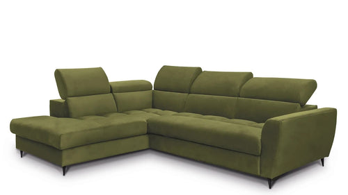 Wajnert Coltar Extensibil Avisimo Velvet Verde Olive, Sezlong pe Stanga, cu Lada de Depozitare, tapitat cu Stofa, Tetiere Reglabile, l270xA214xH78-101 cm