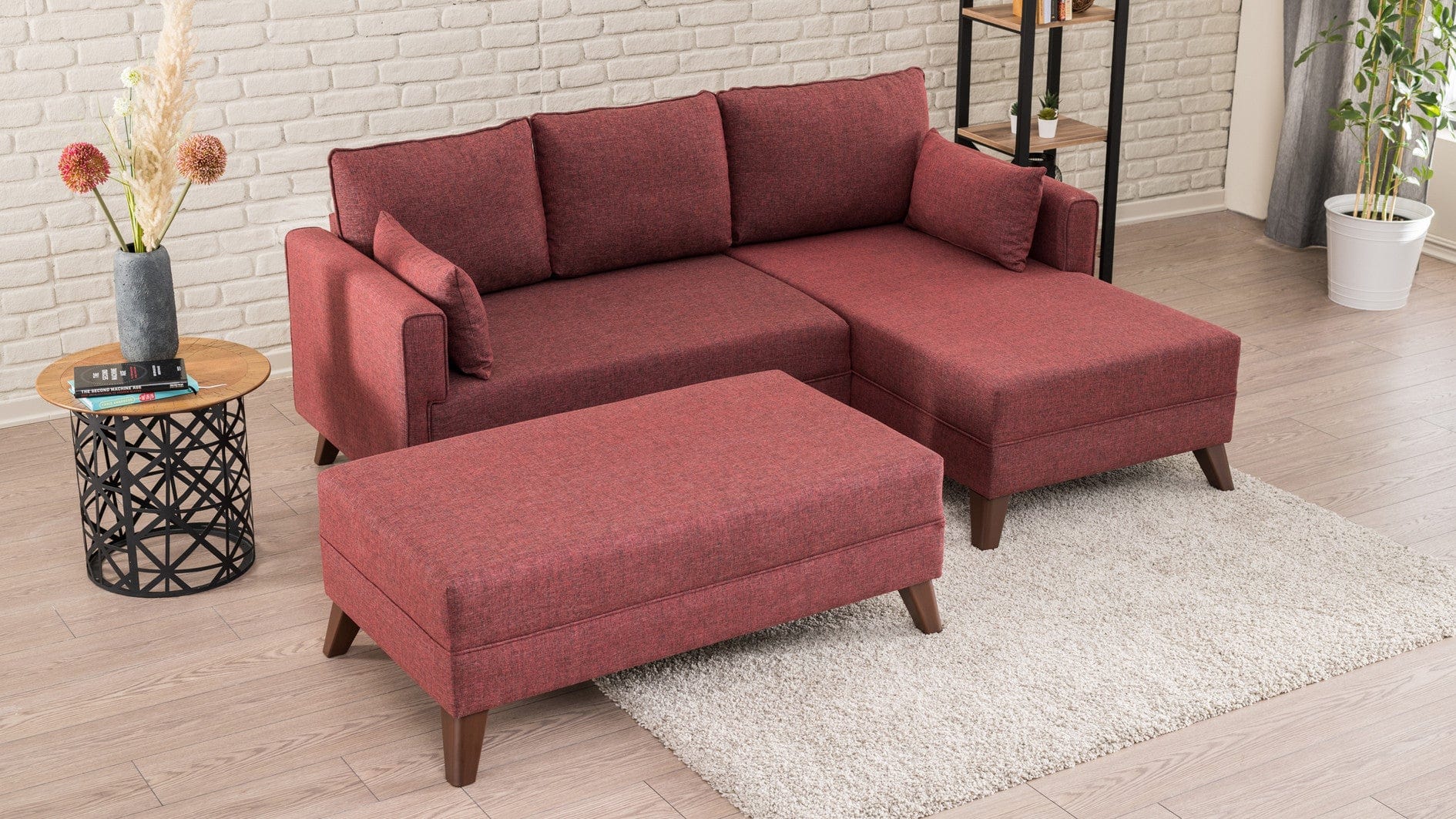 Asir Coltar Extensibil Bella 2 Bordeaux, Sezlong pe Dreapta, tapitat cu Stofa, l205xA140xH85 cm