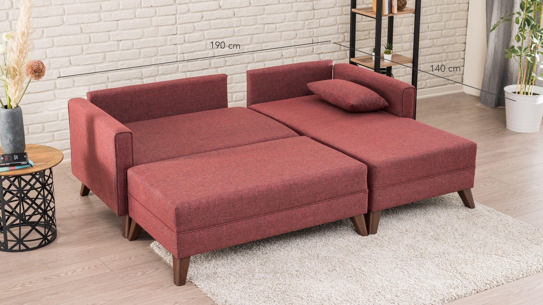 Asir Coltar Extensibil Bella 2 Bordeaux, Sezlong pe Dreapta, tapitat cu Stofa, l205xA140xH85 cm