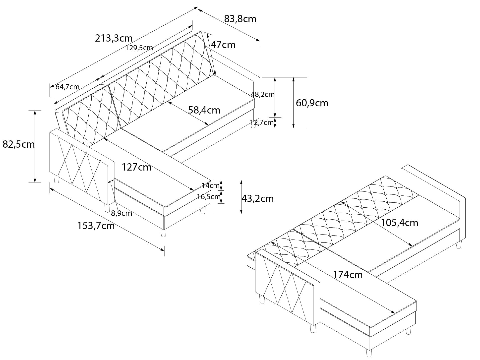 Dorel Home Coltar Extensibil cu Lada de Depozitare, Sezlong pe Stanga Liberty Ivoir / Auriu, l213xA153xH82 cm