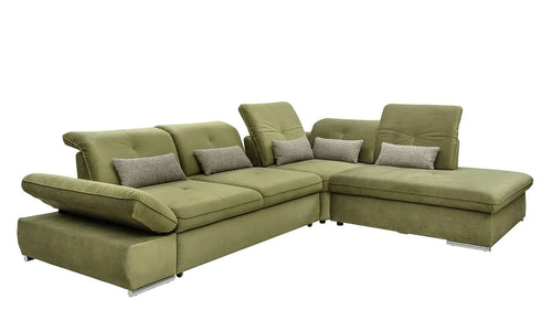 Coltar Extensibil Editis Large Velvet Verde Olive, Sezlong pe Dreapta, cu Lada de Depozitare, tapitat cu Stofa, Spatar Reglabil, Tetiere si Cotiere Reglabile, l314xA251xH82-97 cm