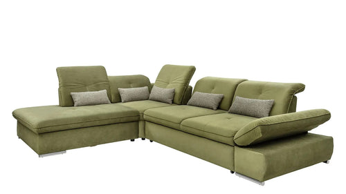 Coltar Extensibil Editis Large Velvet Verde Olive, Sezlong pe Stanga, cu Lada de Depozitare, tapitat cu Stofa, Spatar Reglabil, Tetiere si Cotiere Reglabile, l314xA251xH82 - 97 cm - SomProduct Romania